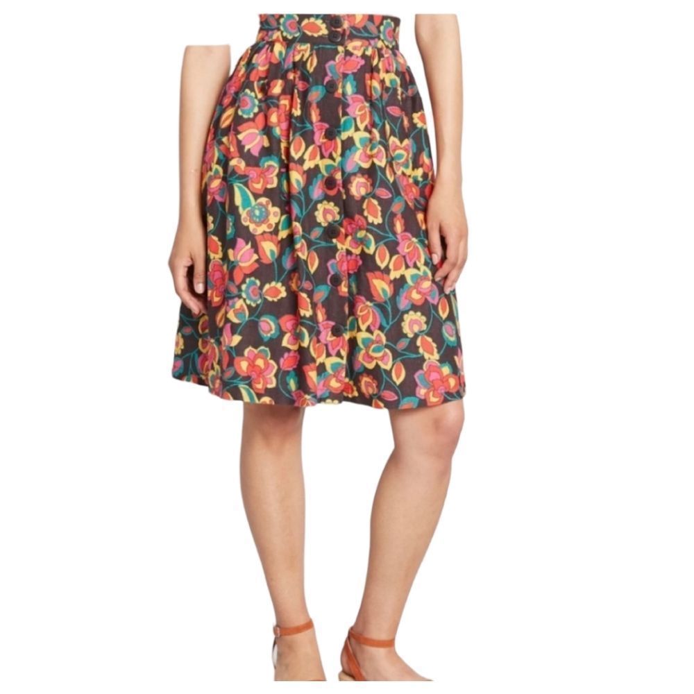 ModCloth Linen Blend Full Flowy Midi Skirt Black Floral Pattern | XL